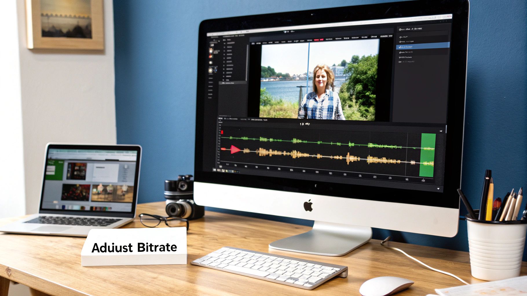 Person adjusting settings on a screen showing video waveforms