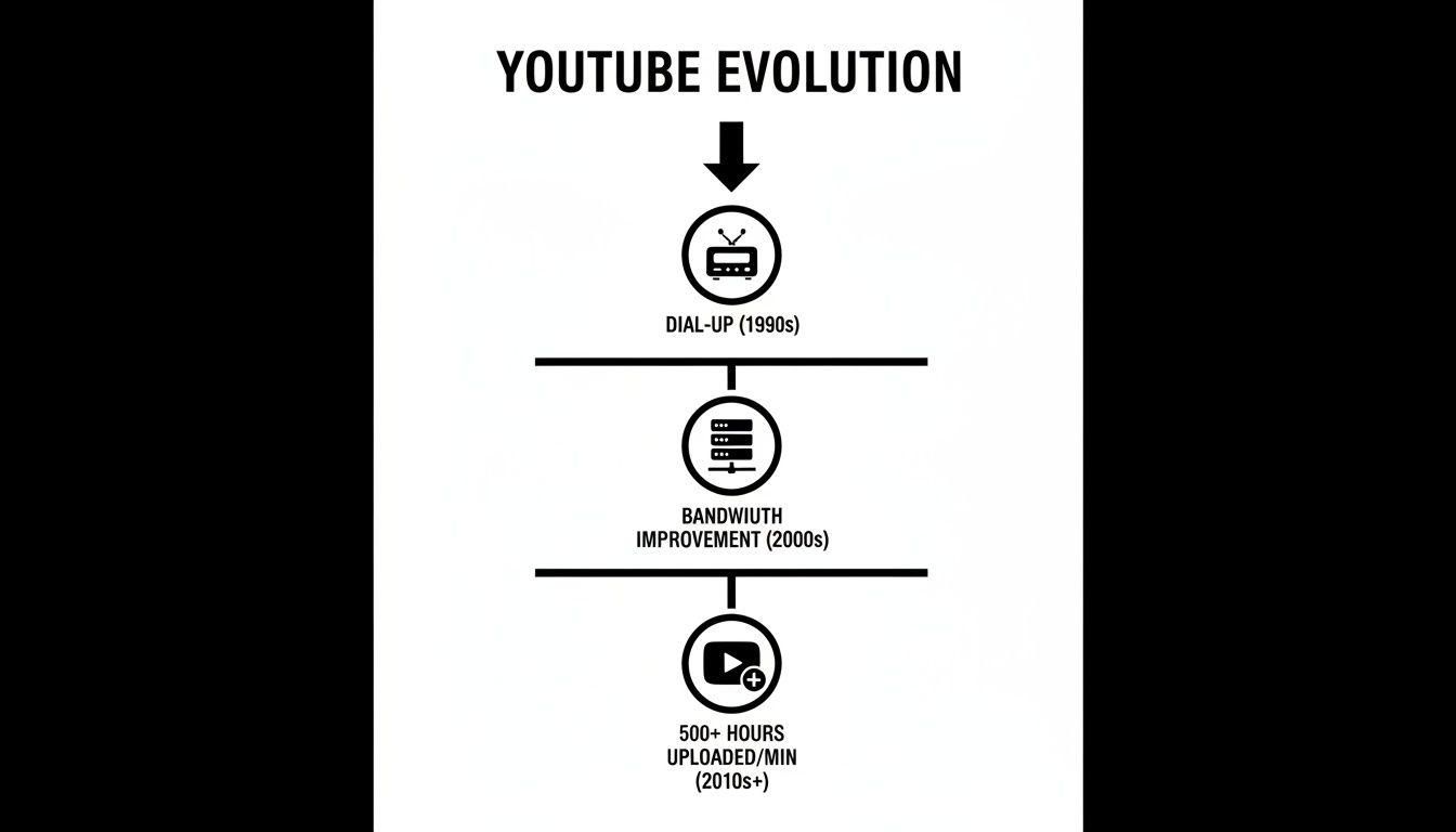 An infographic showing YouTube's evolution from dial-up in the 90s to high upload rates in the 2010s.
