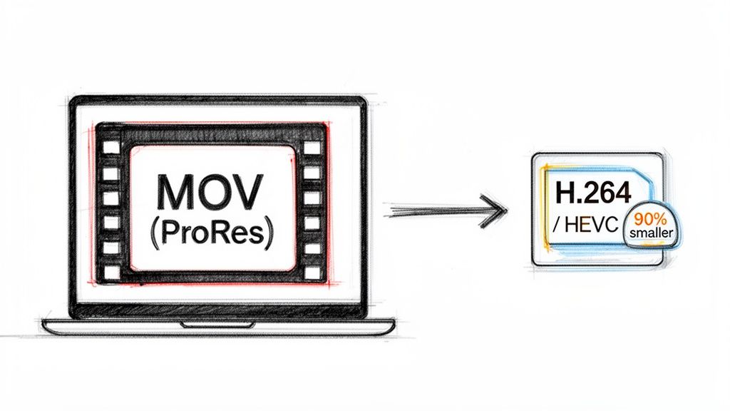 Diagram showing a MOV (ProRes) video file on a laptop screen being compressed to a 90% smaller H.264/HEVC file.
