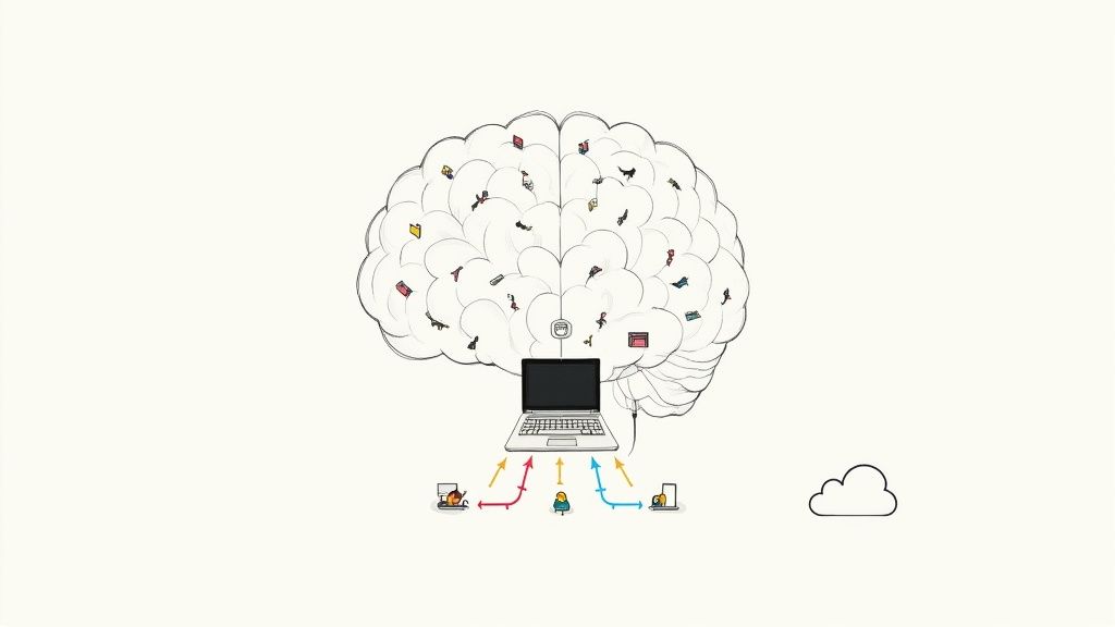 A diagram shows a brain connected to a laptop, receiving data from multiple sources and integrating with a cloud.