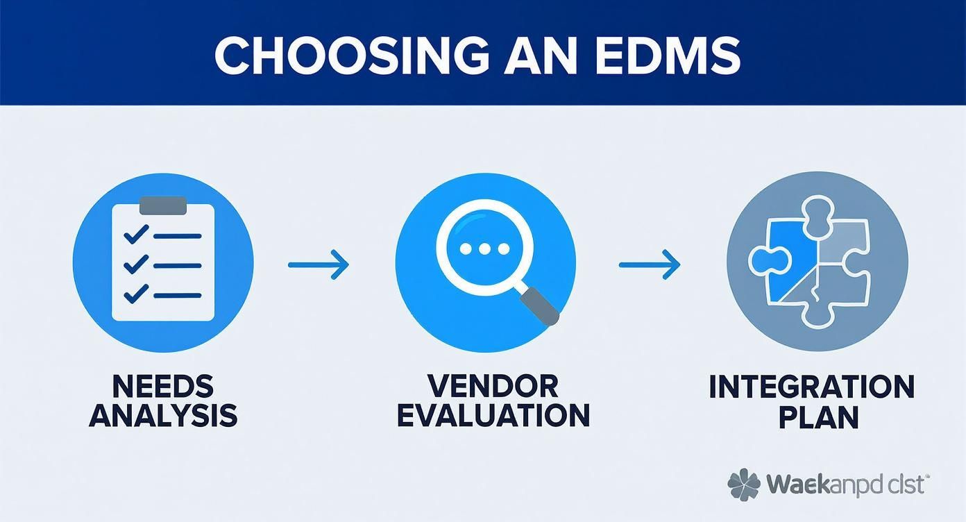 A three-step flowchart for choosing an EDMS: Needs Analysis, Vendor Evaluation, and Integration Plan.