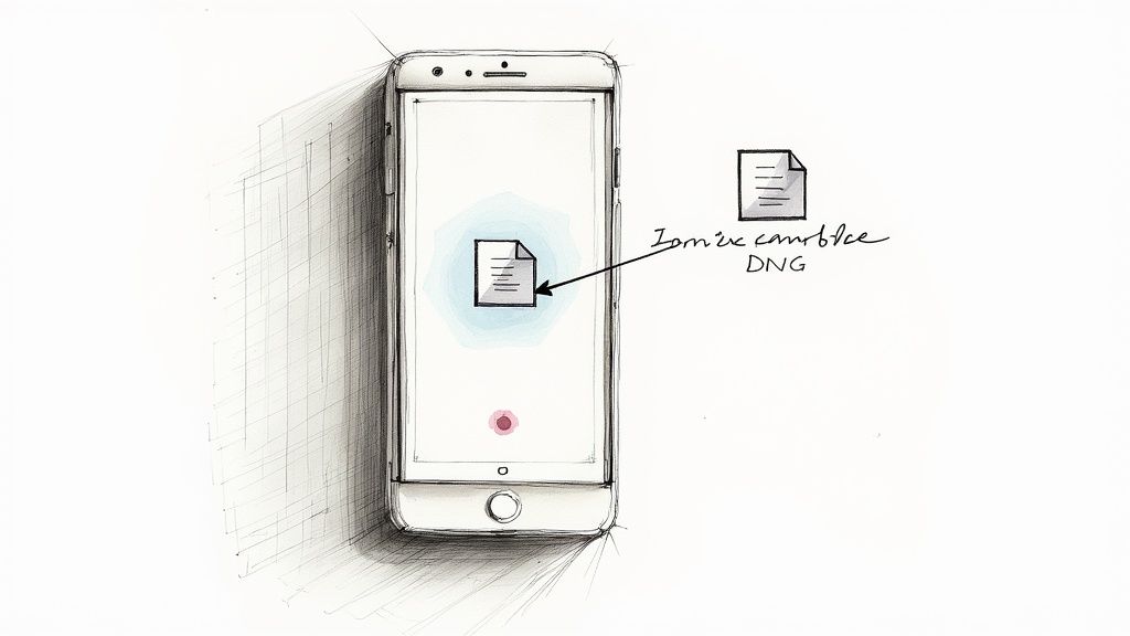 A smartphone displaying the Lightroom Mobile app, with a finger pointing to the presets icon.