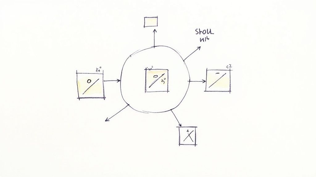 Hand-drawn diagram illustrating a central data process square connected to multiple data elements.