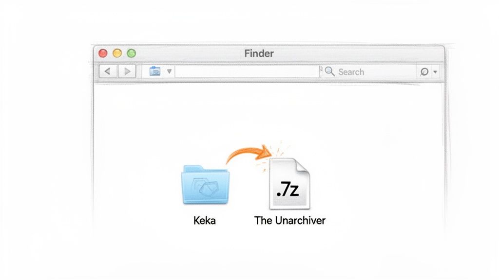 A Mac Finder window illustrating how Keka extracts a .7z file using The Unarchiver.