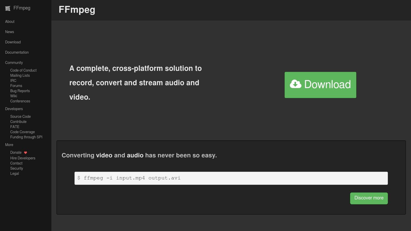 FFmpeg logo and command line interface example showing a video conversion command.
