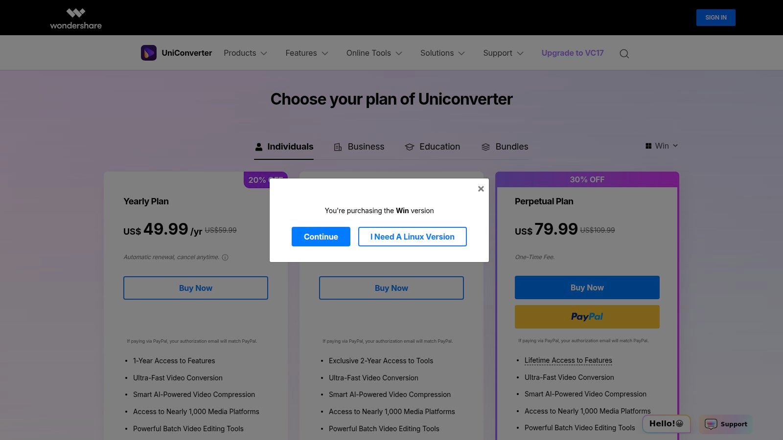 A screenshot showing the version selection for Wondershare UniConverter with different feature sets.
