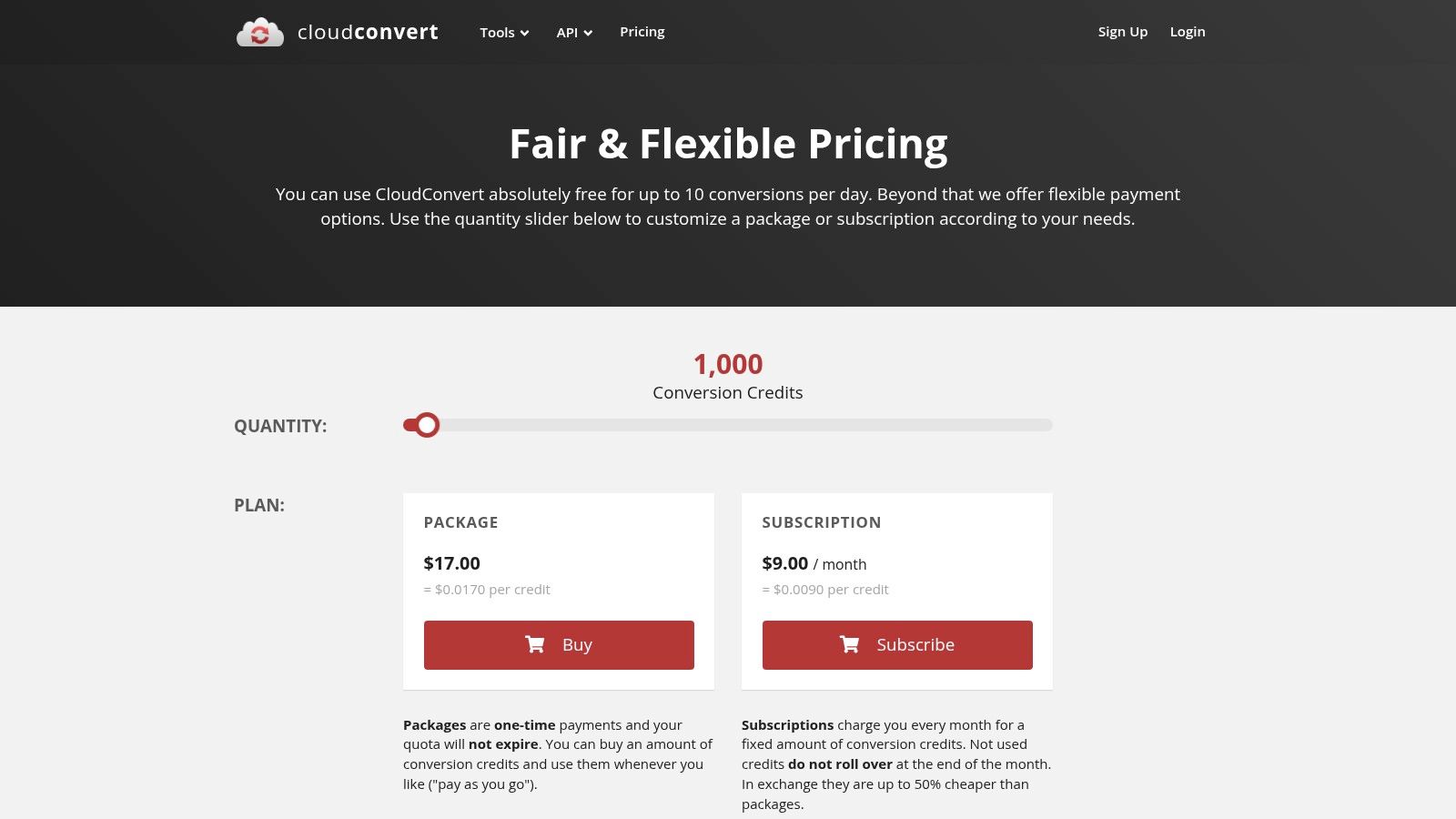 A screenshot of the CloudConvert pricing page showing subscription and package options.