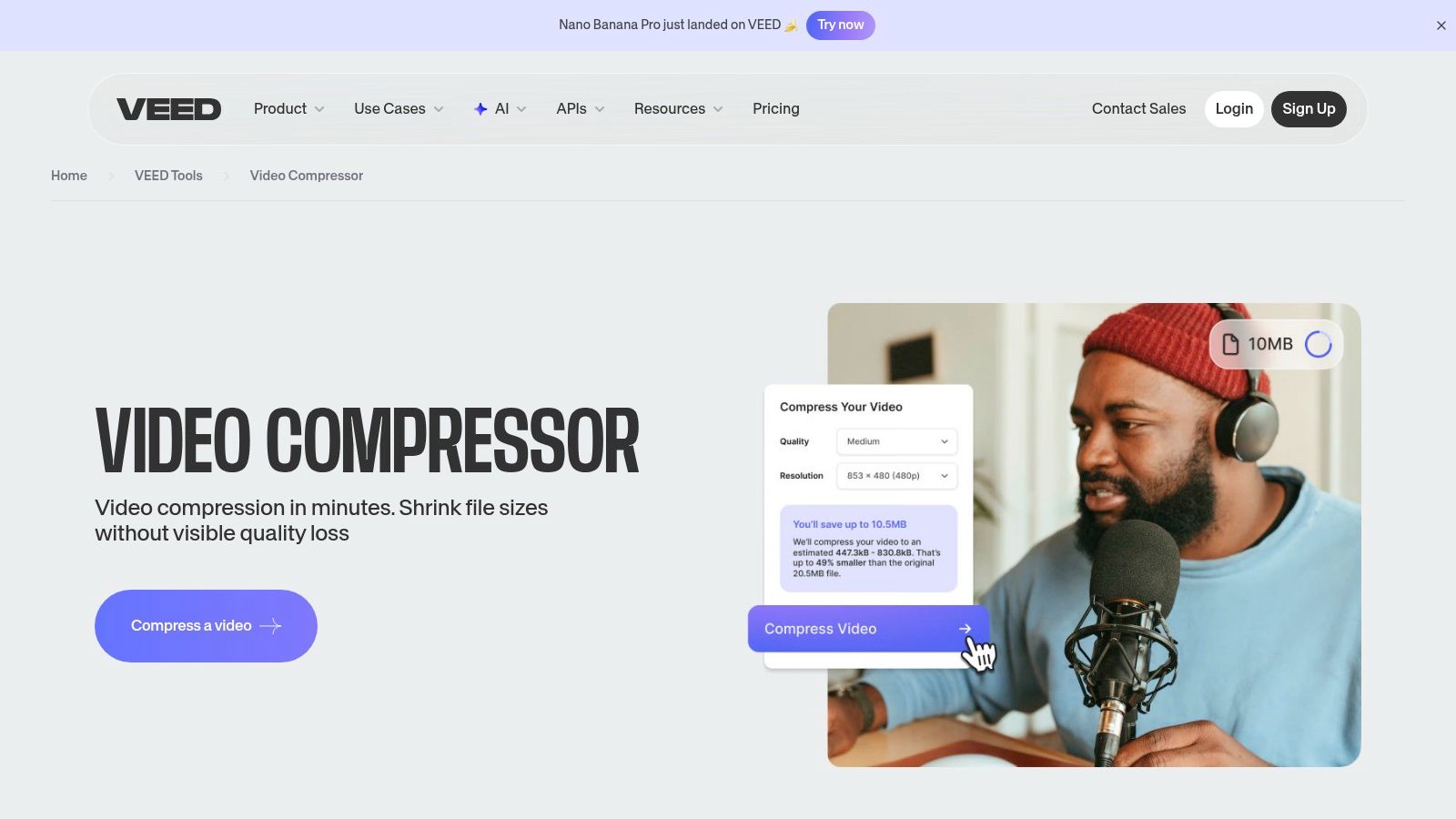 A screenshot of the VEED.io online video compressor interface showing a simple slider and advanced options for file size reduction.