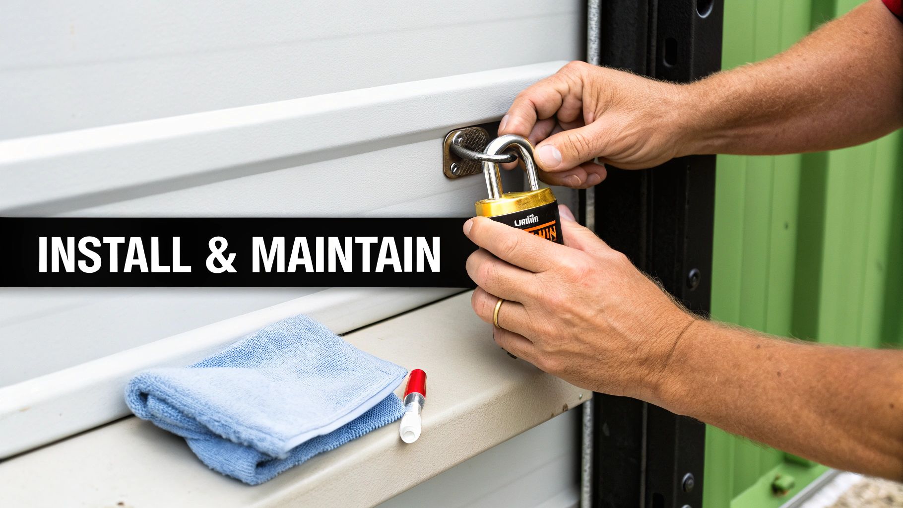 Hands installing a gold padlock on a storage unit, with a cleaning cloth and lubricant nearby.