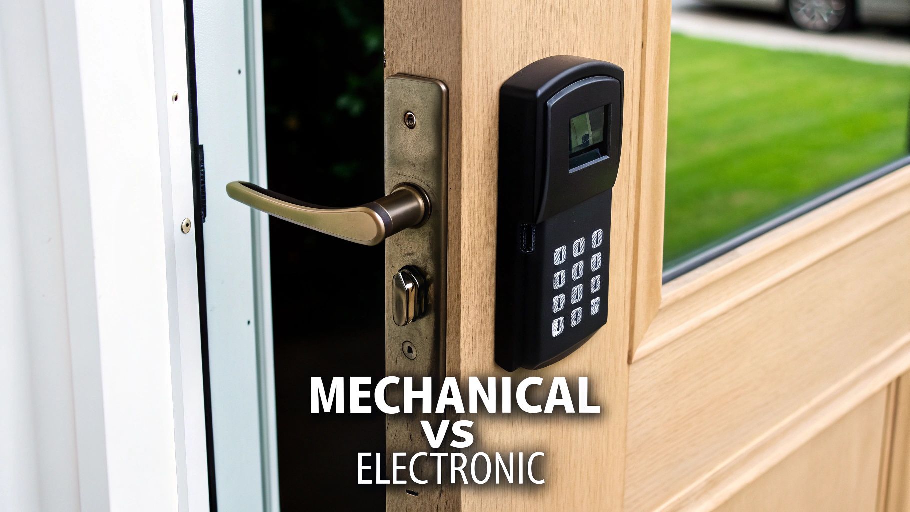 An open door showing a brass mechanical door handle and a black electronic keypad with a fingerprint scanner.