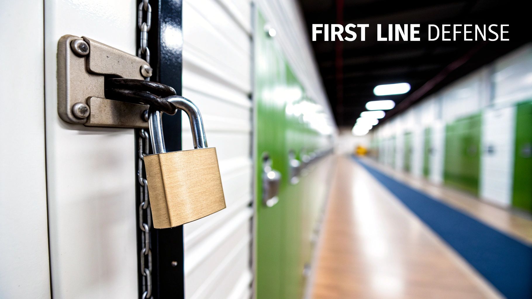 A brass padlock and chain securing a white storage unit door in a long hallway.