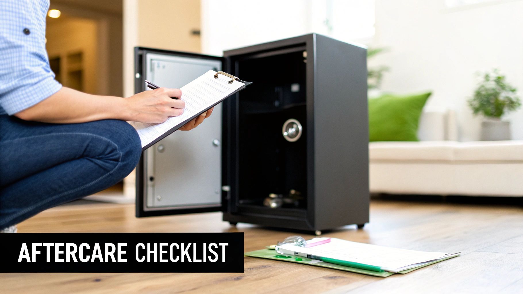 Person completing an aftercare checklist while inspecting an open home safe on a wooden floor.