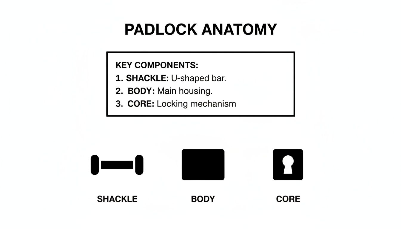 Diagram illustrating padlock anatomy, detailing shackle, body, and core components with descriptions.
