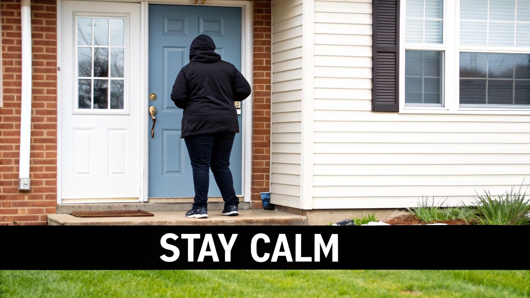 A person in a black hoodie stands at a blue front door on a residential porch, possibly a delivery or attempting entry.