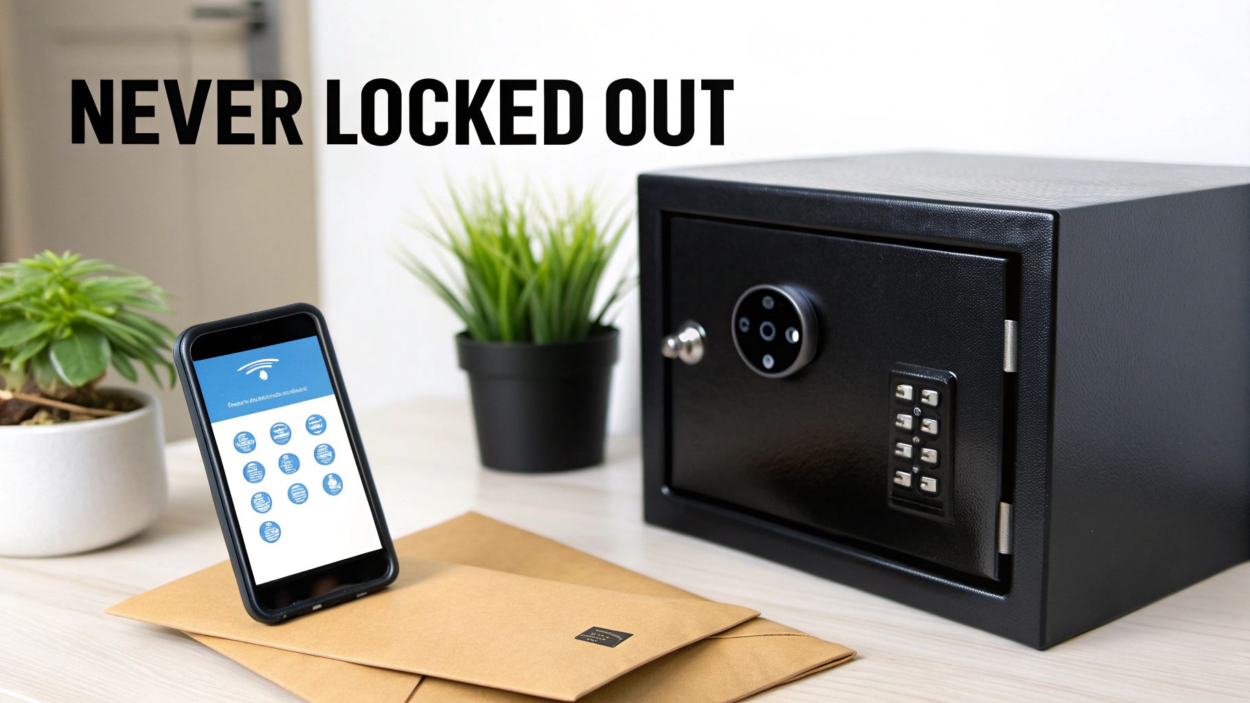 A black digital safe with a keypad next to a smartphone displaying a smart lock control app, preventing lockouts.