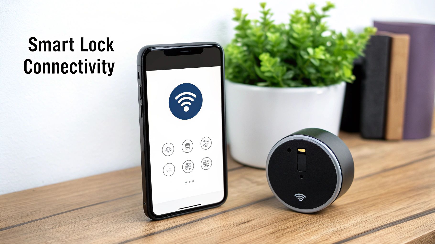 A smartphone displaying Wi-Fi icons and a smart lock device on a wooden table, emphasizing connectivity.