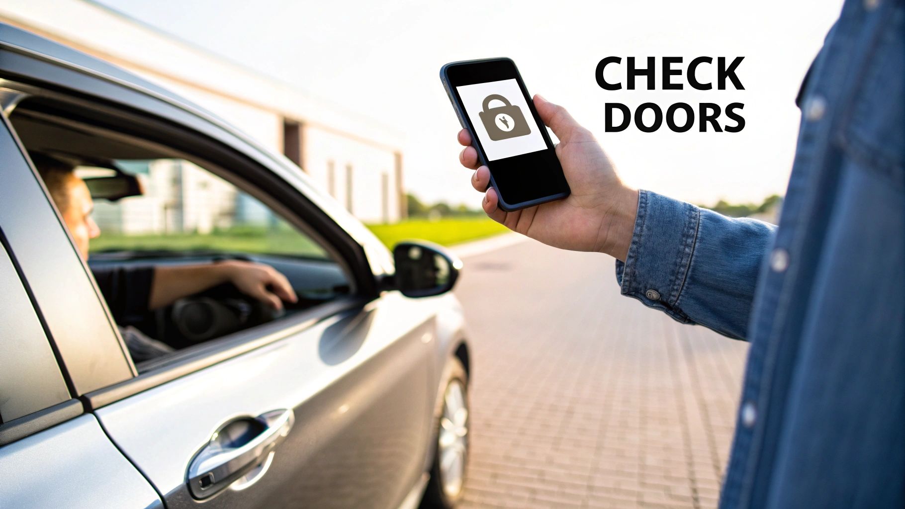 A person holds a smartphone displaying a lock icon and 'CHECK DOORS' next to a car.
