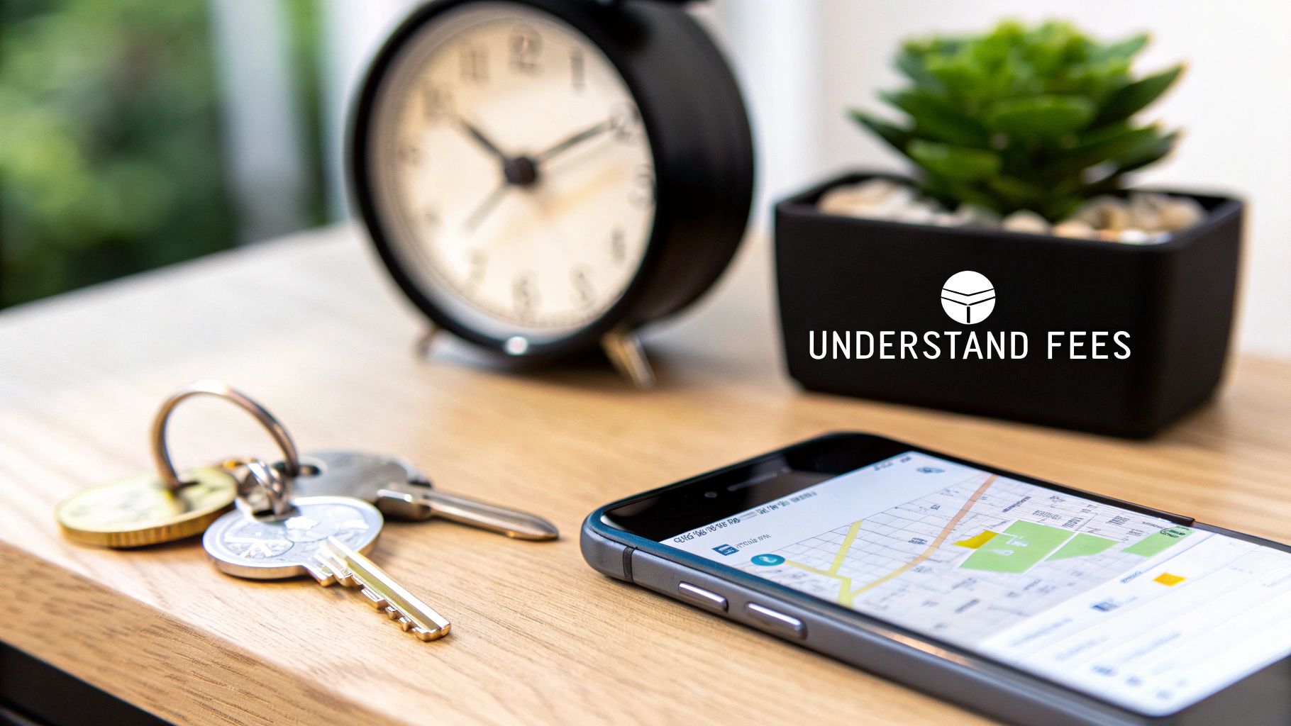 Keys, a smartphone showing a map, an alarm clock, and a plant with 'UNDERSTAND FEES' text on a wooden desk.