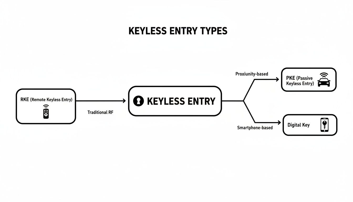 Flowchart detailing keyless entry types: RKE via traditional RF, and modern keyless entry as proximity-based PKE or smartphone-based digital key.