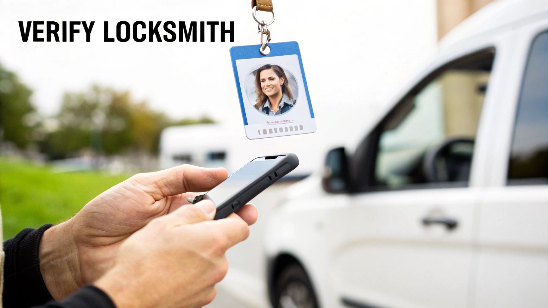 A person uses a smartphone to verify a locksmith's ID badge with a woman's photo, near a white van.