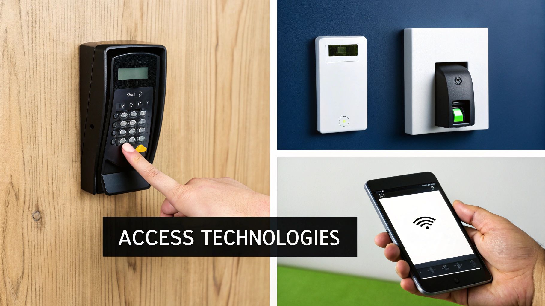 Collage showcasing various access control technologies: keypad, biometric scanners, and mobile access on a smartphone.