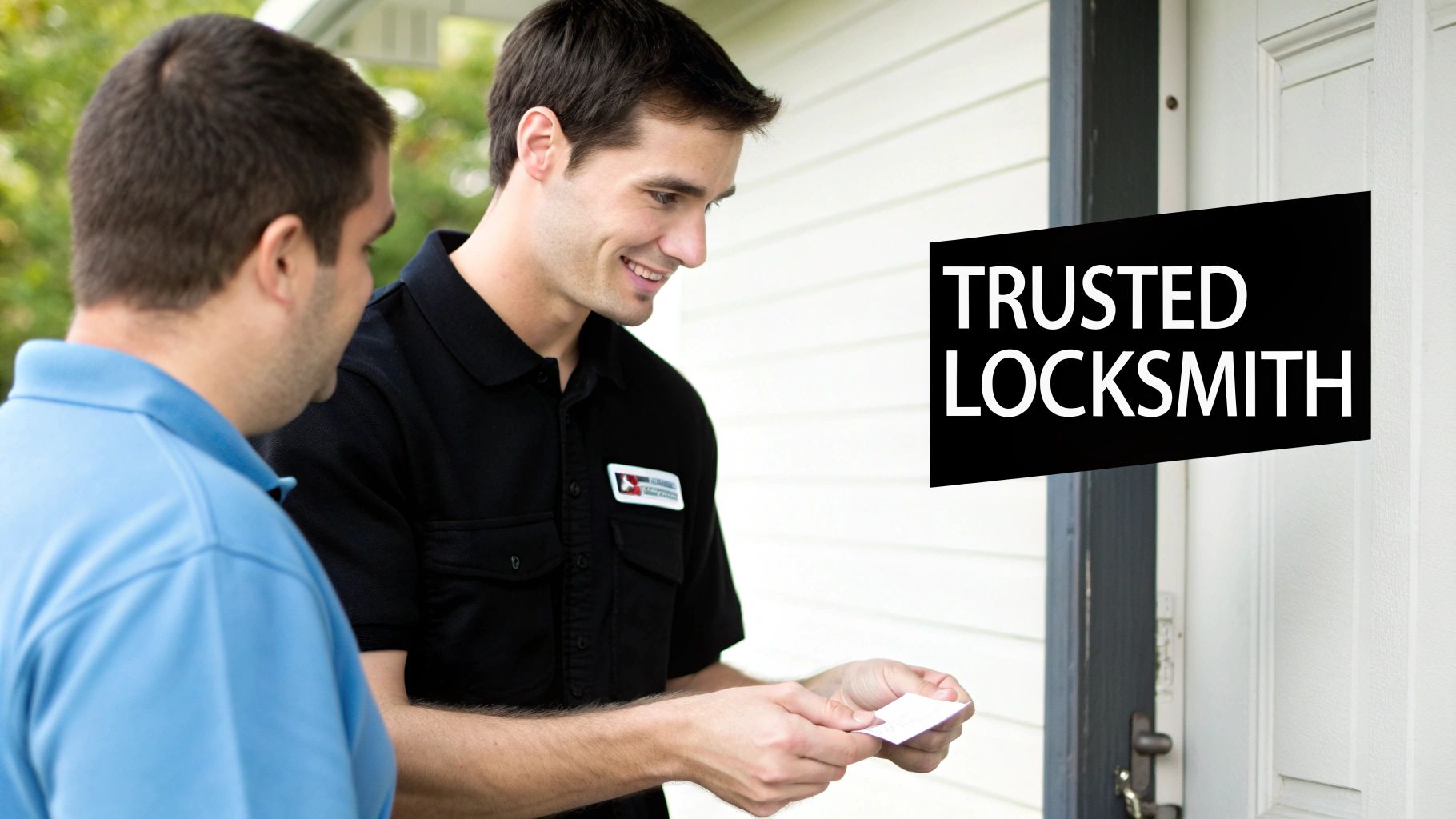 A smiling, trusted locksmith gives a business card to a client at a residential door.