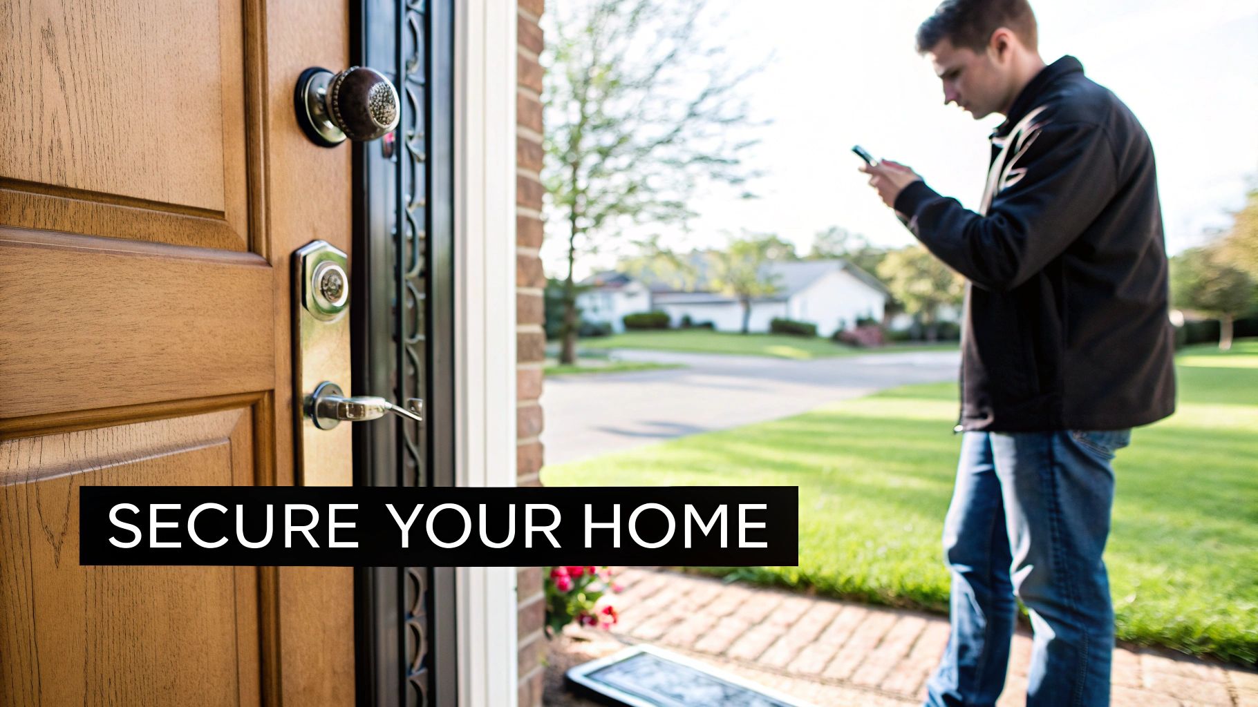 A man outside his home using a phone, with a wooden front door featuring a smart lock.