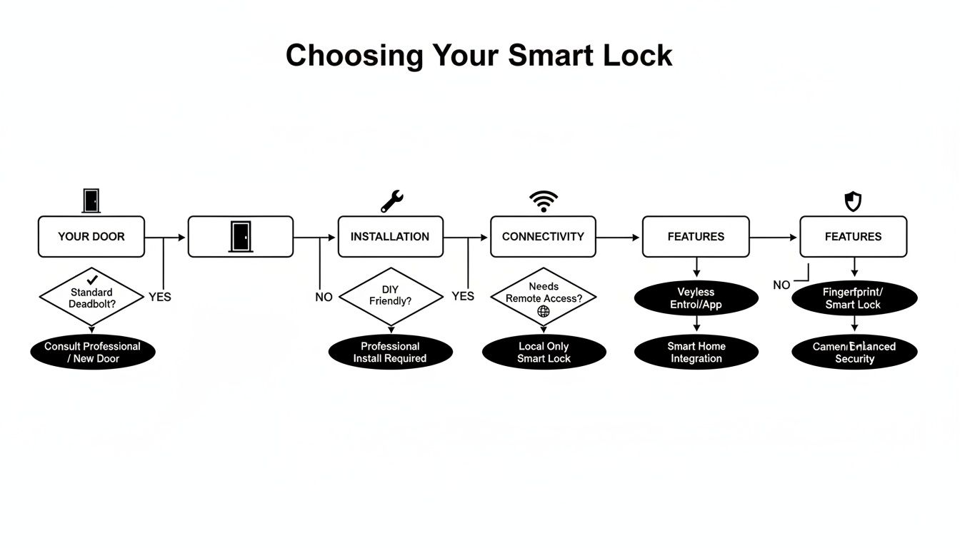 Flowchart guiding selection of smart locks based on door type, installation, connectivity, and features.