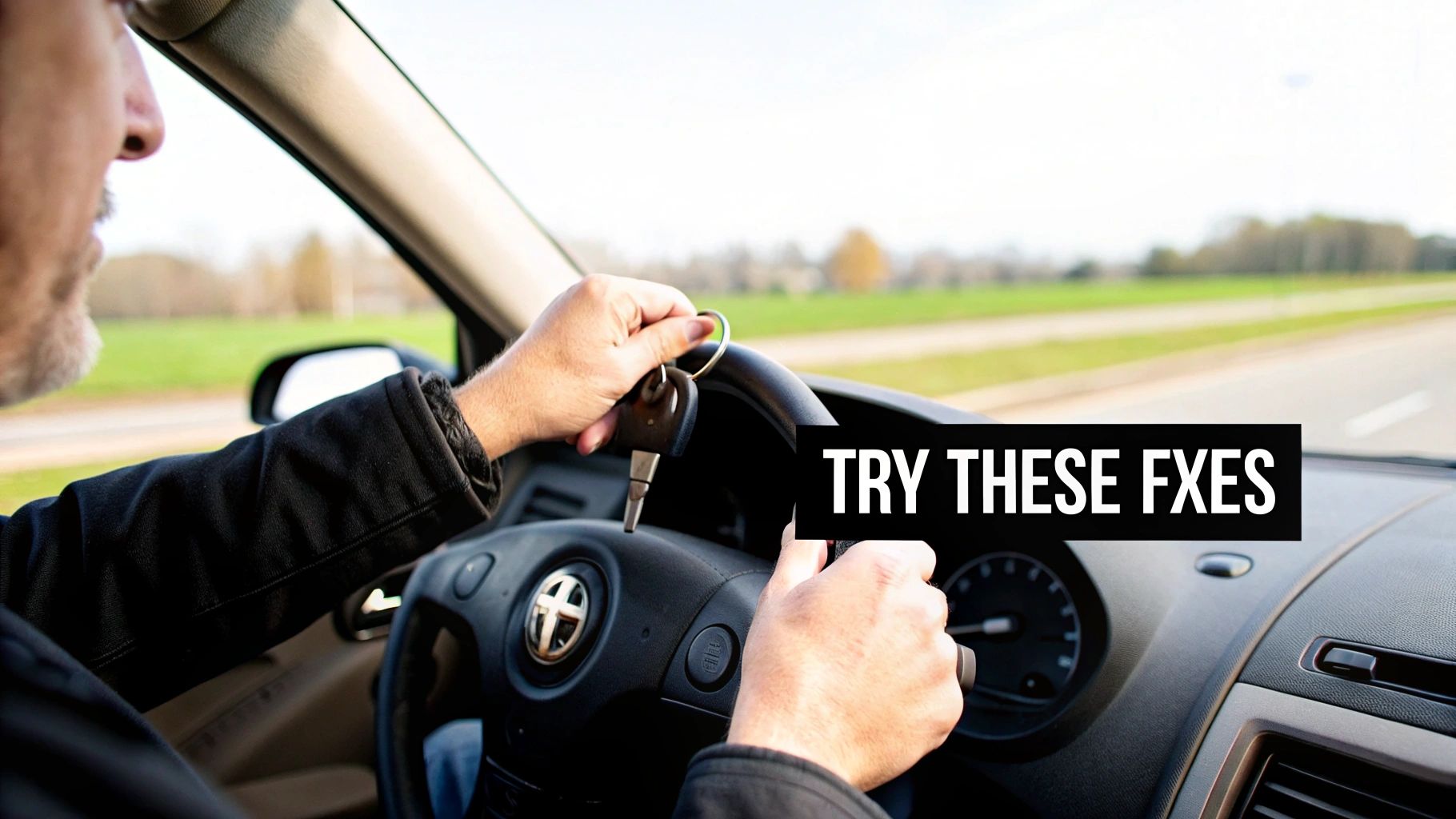 A person's hands holding car keys near the steering wheel inside a car on a sunny day.
