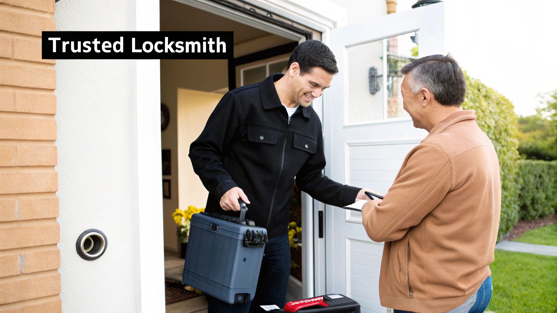 A smiling locksmith with a toolkit provides service to a customer at their home's doorway.