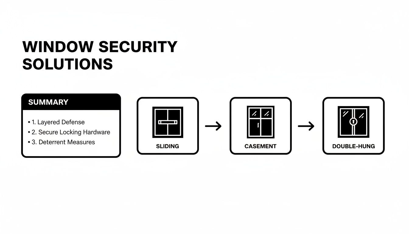 Window security solutions infographic with summary (layered defense, secure hardware, deterrents) and window types (sliding, casement, double-hung).