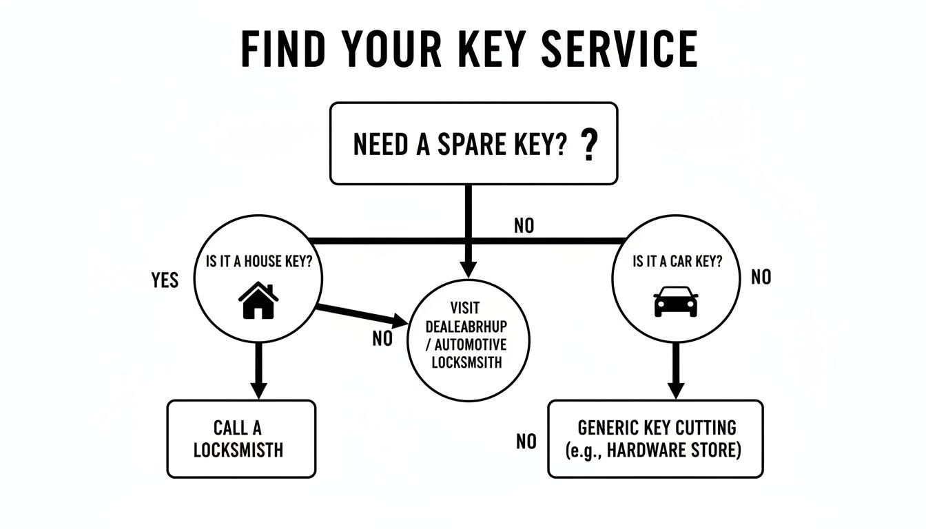 Flowchart guiding users to find the right key duplication service based on key type and need.