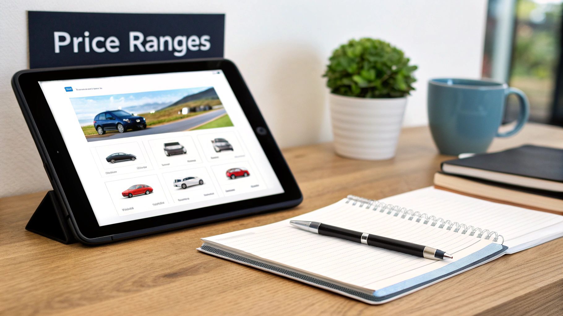 A tablet showing a car selection app on a wooden desk with notebooks, a pen, a plant, and a coffee mug.