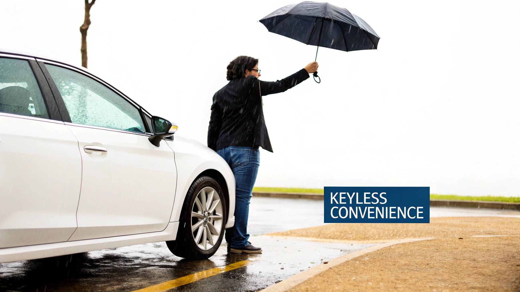 A person uses an umbrella in the rain next to a white car, highlighting keyless convenience.
