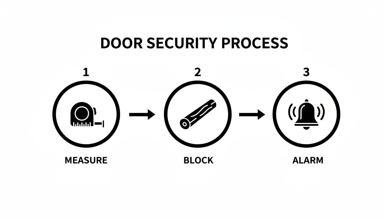 A three-step door security process diagram: measure with a tape, block with a log, and activate an alarm.