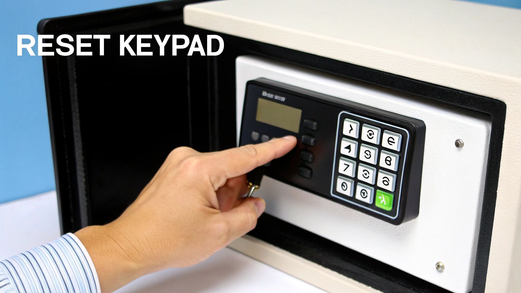 Close-up of a person's hand pressing buttons on a digital keypad of an open safe, indicating a reset.