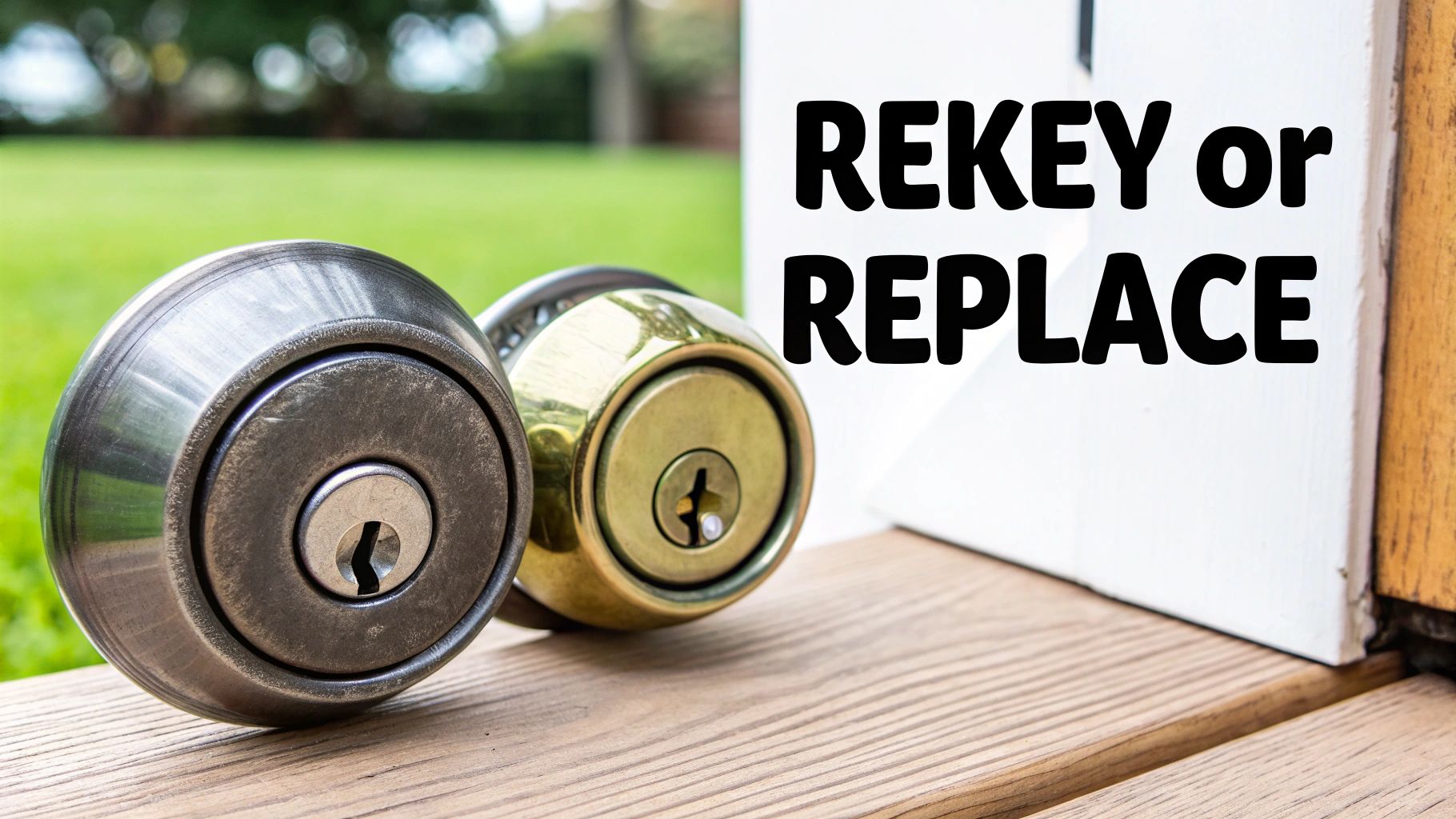 Two deadbolt door locks, one silver and one brass, on wood with text 'REKEY or REPLACE'.