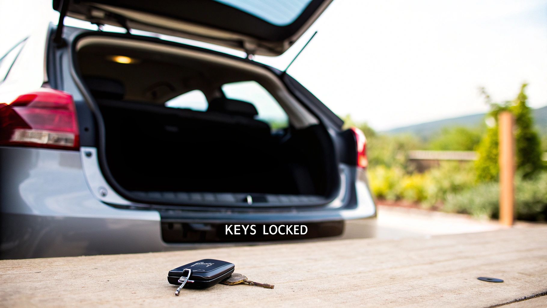 Car keys lay on the ground in front of a silver car with its trunk open, indicating they are locked out.