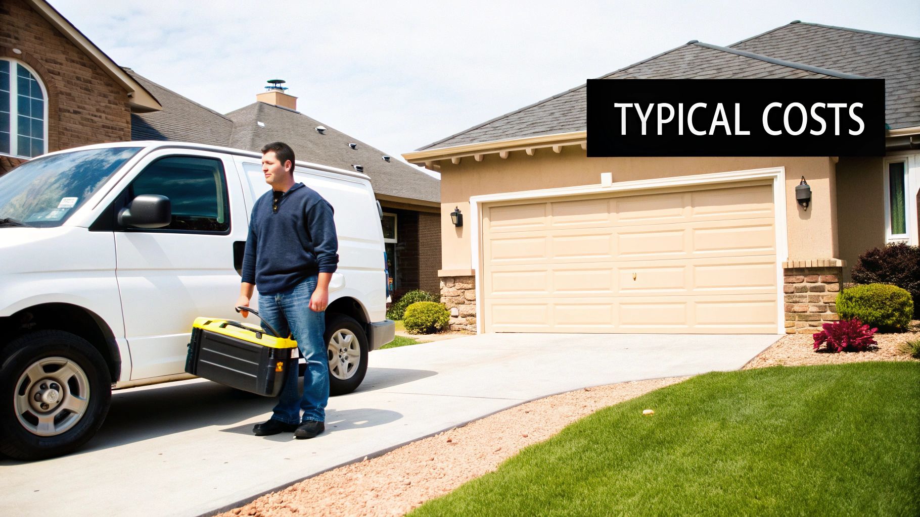 Technician with a toolbox by a white service van on a driveway, displaying 'Typical Costs' banner.