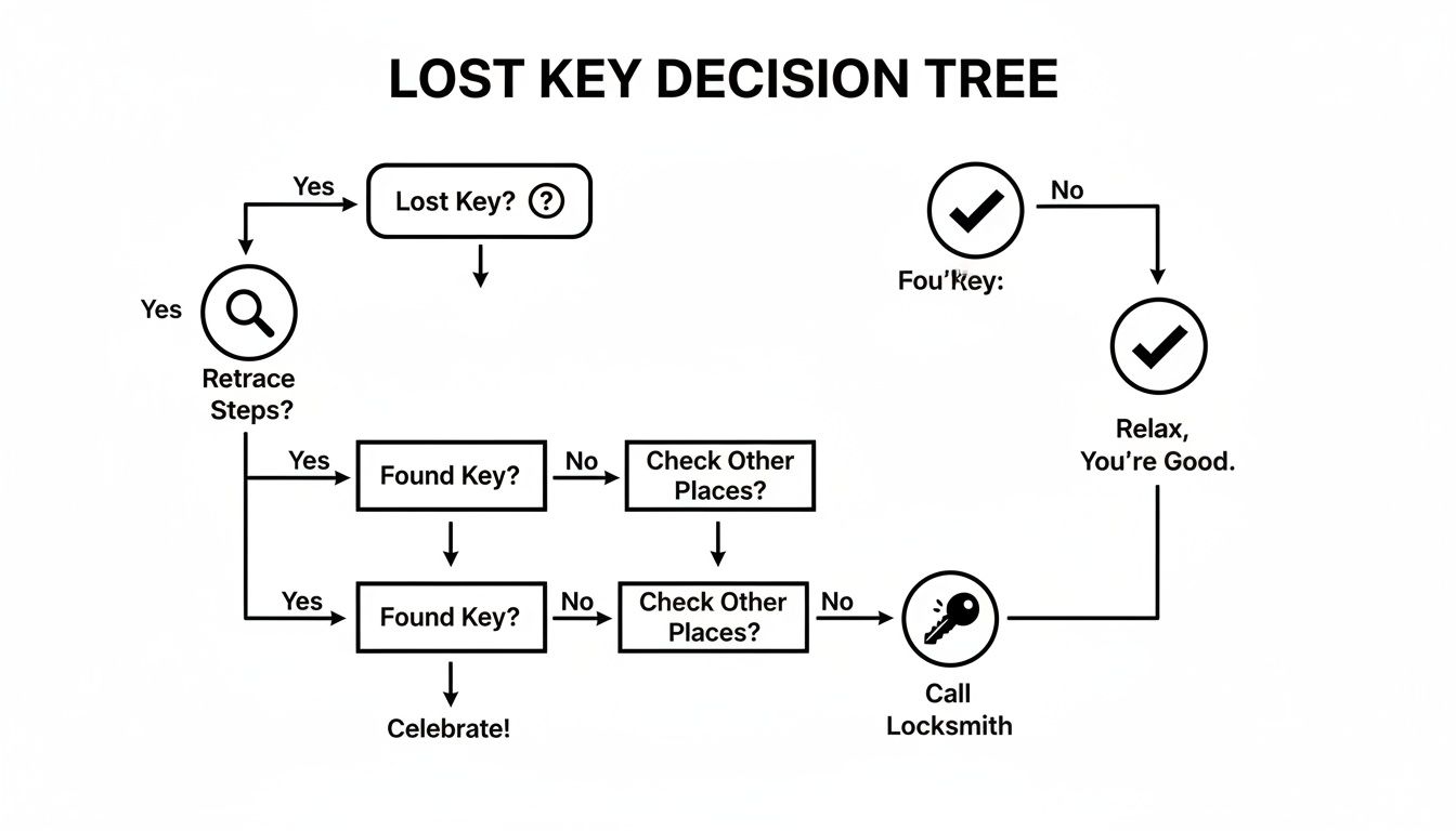 Flowchart detailing the steps to take when a key is lost, including searching and contacting a locksmith.