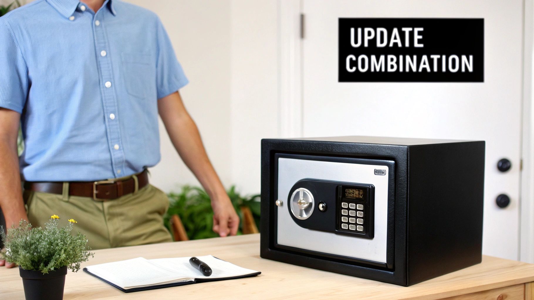 Man near a desk with a black and silver electronic safe, notebook, and 'UPDATE COMBINATION' sign.