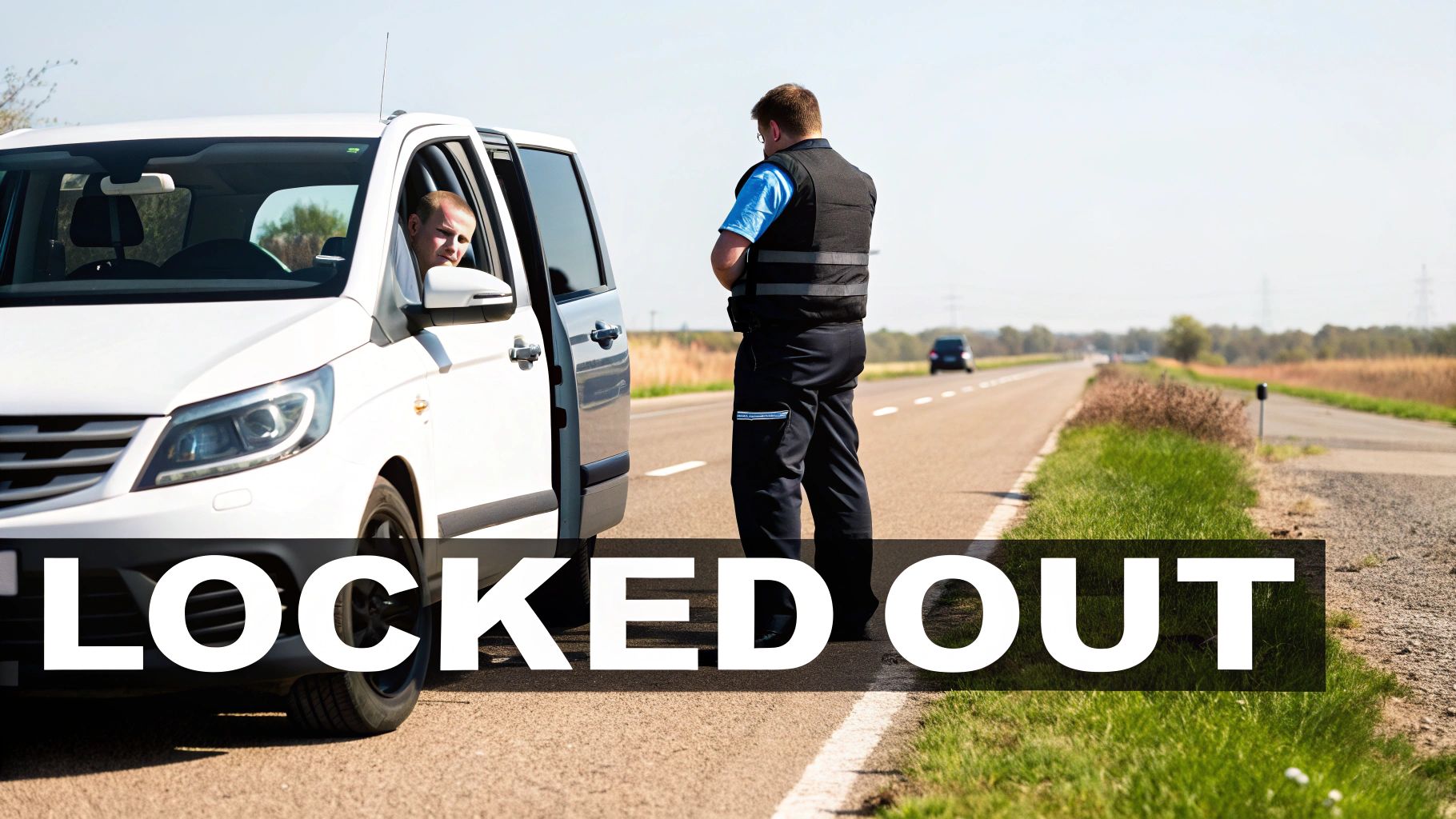 A man peeks from a white van's open door at a uniformed officer on a roadside, featuring 'LOCKED OUT' text.