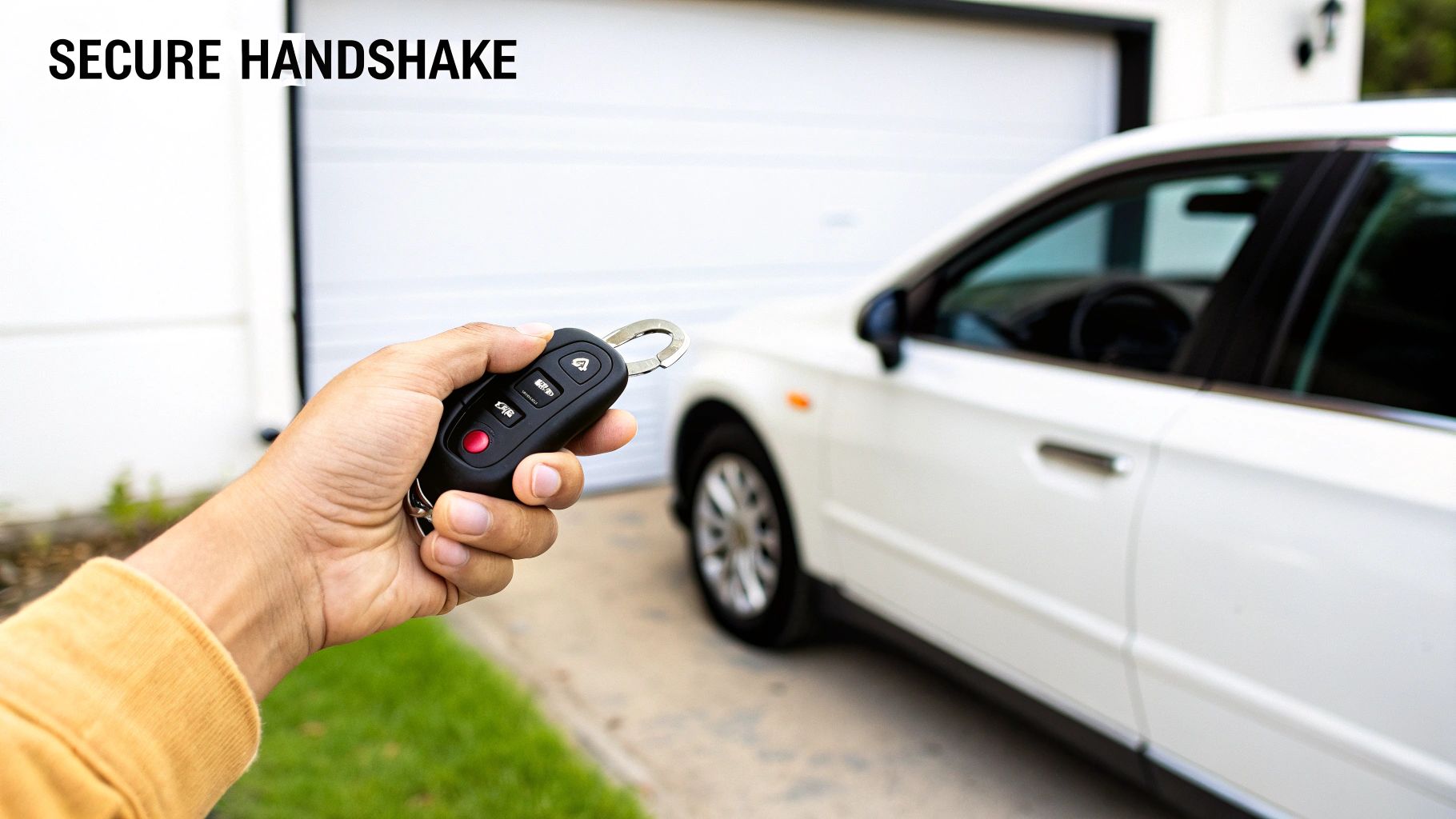 A person's hand holds a black car key remote, with a white car and garage door in the background.