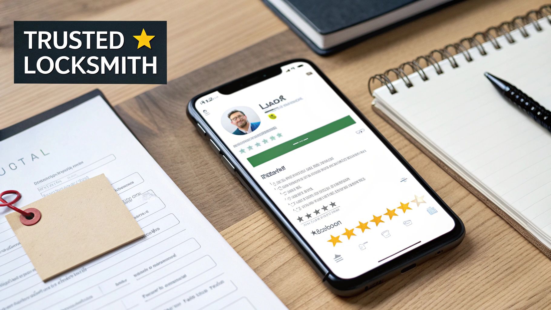 A smartphone showing a locksmith's profile and reviews, next to a notepad, pen, and documents, with a 'TRUSTED LOCKSMITH' logo.