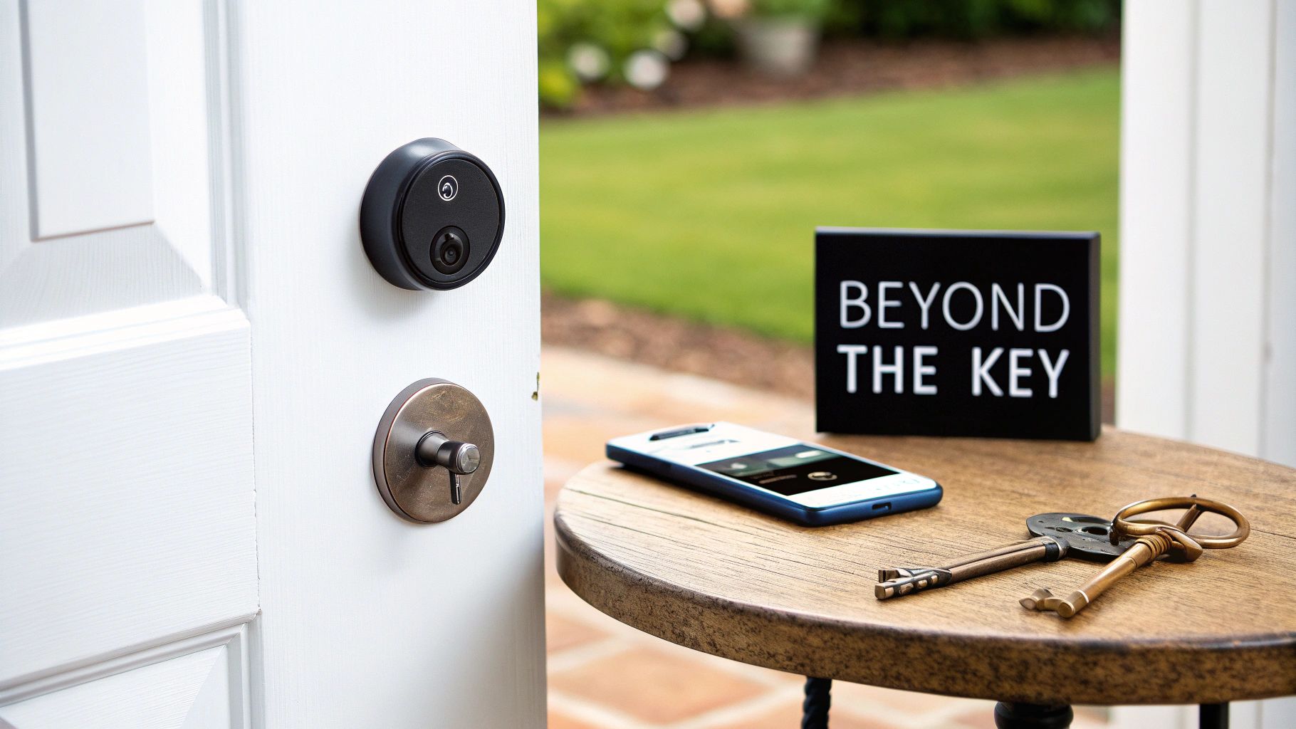 Smart door lock with camera, traditional deadbolt, smartphone, keys, and 'BEYOND THE KEY' sign.