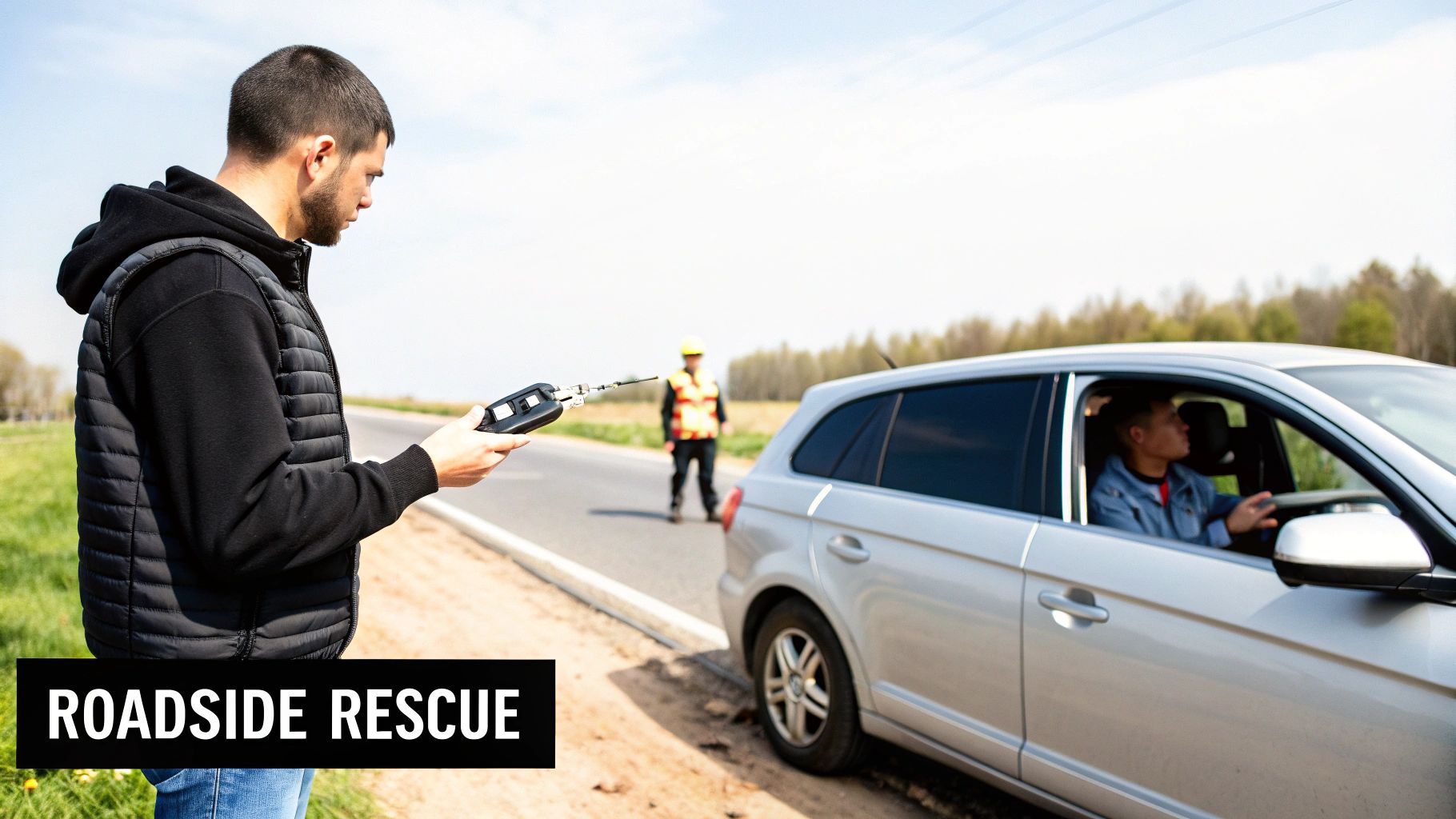 A mobile locksmith provides roadside key programming services for a broken-down car.