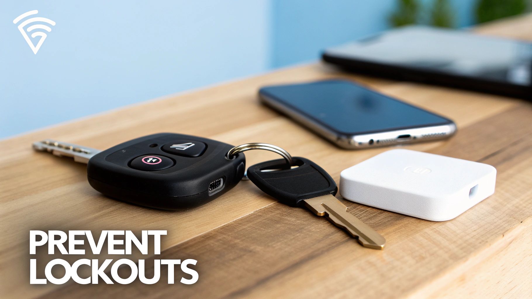 Car and house keys with a white tracker device and smartphone on a wooden table.