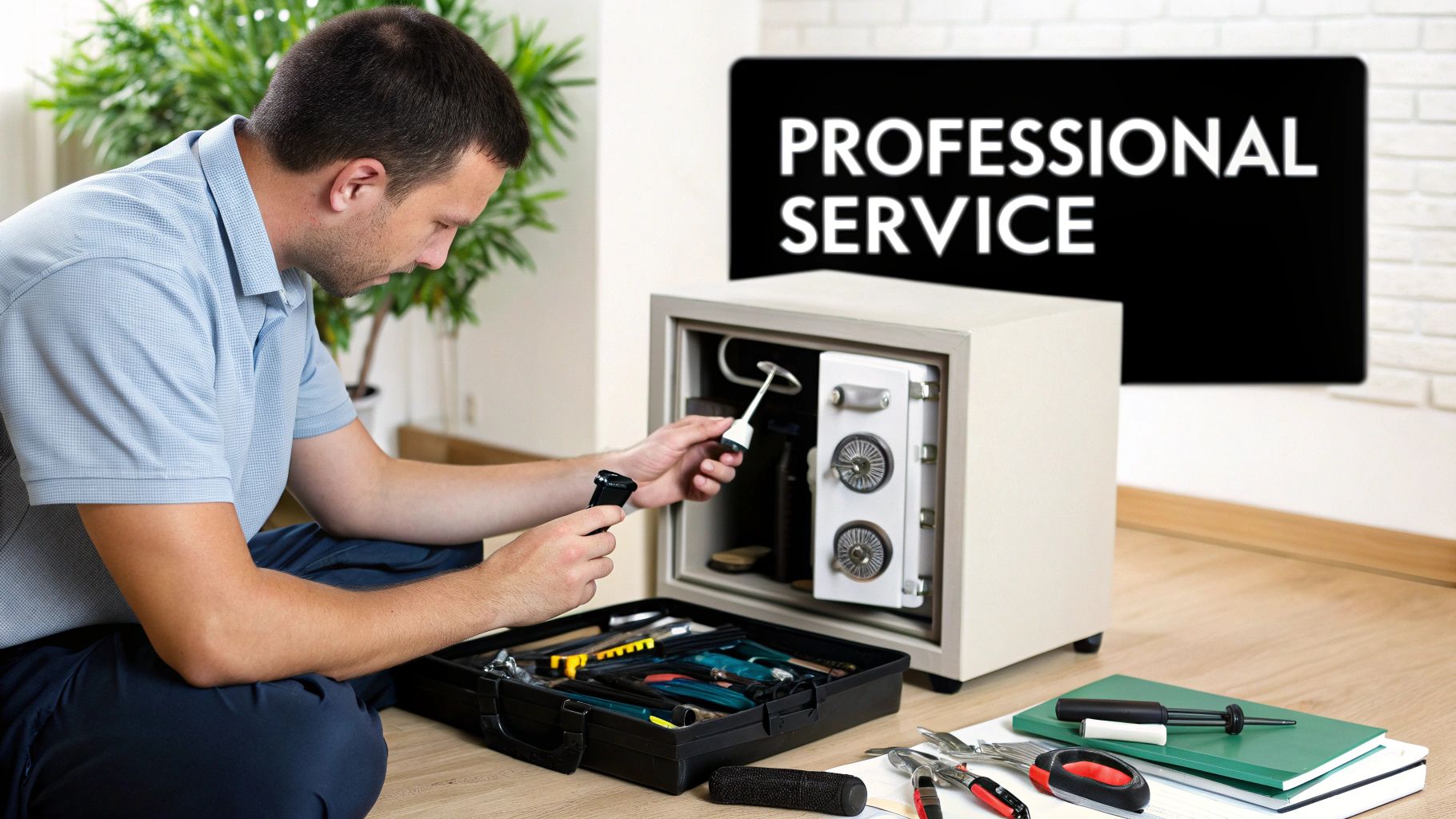 A man works on a small safe with tools, providing professional repair service.