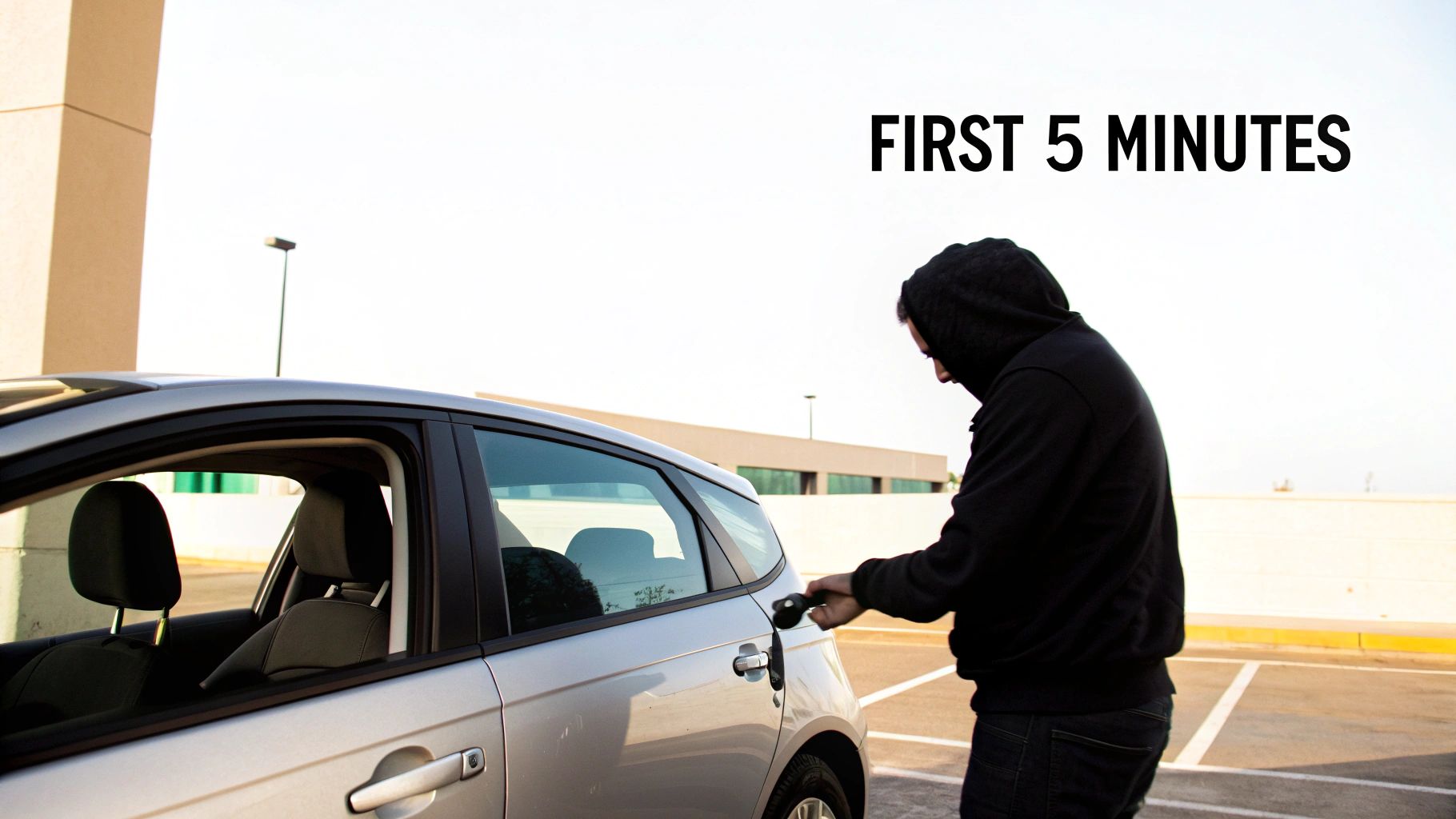 A person in a black hoodie uses a key to unlock a silver car door in a parking lot.