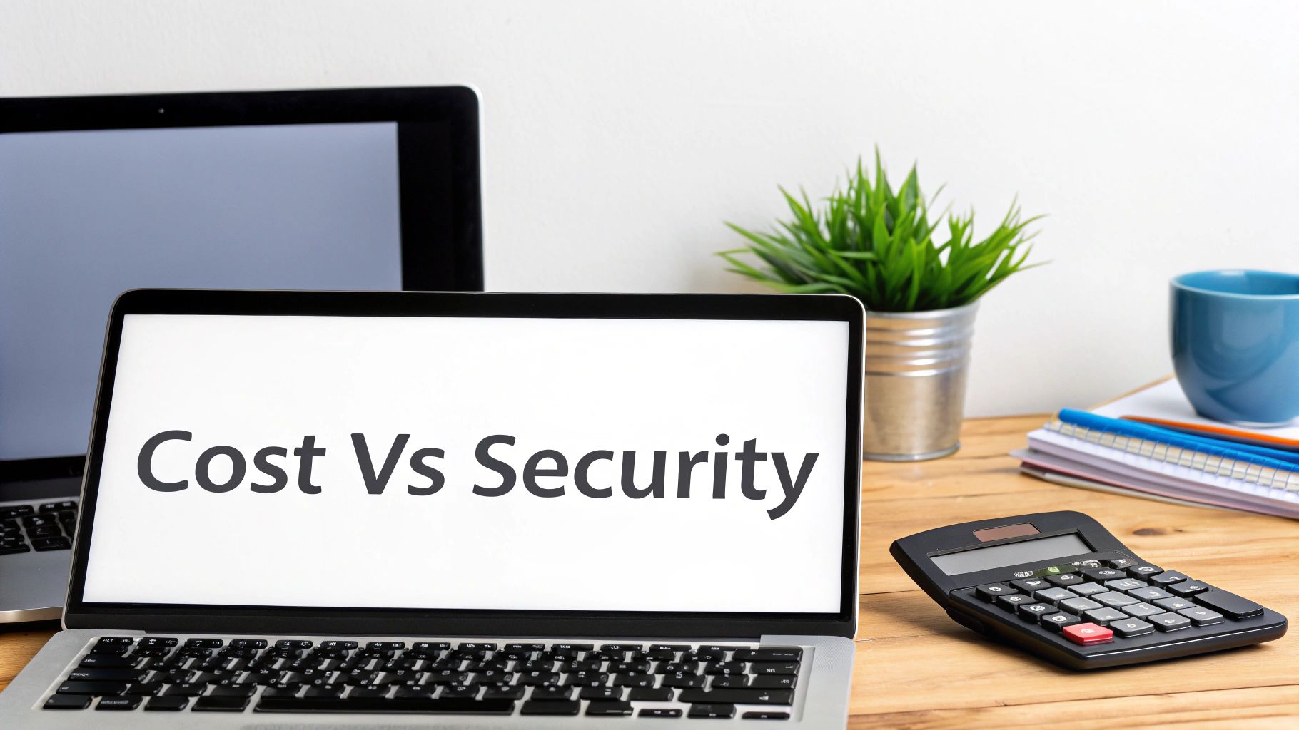 A laptop screen displays "Cost Vs Security" on a desk with a calculator, symbolizing business decisions.